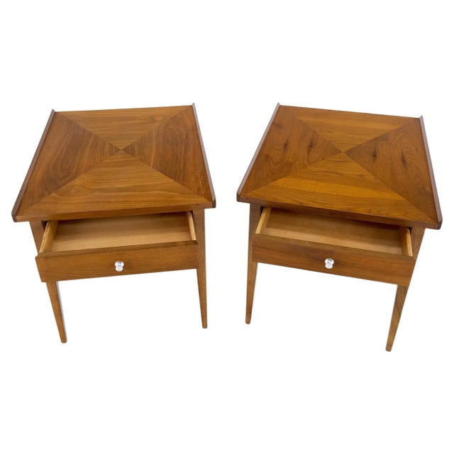 Pair of Walnut Rolled Edges Square One Drawer Tapered Legs End Side Tables Stand For Sale - Image 13 of 13