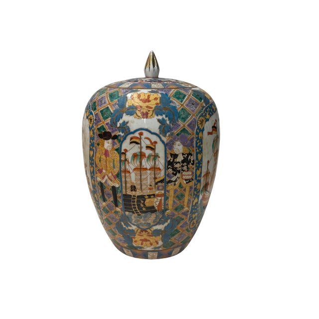 Vintage Polychrome Dutch Sailing Ships Graphic Porcelain Art Jar For Sale - Image 15 of 16