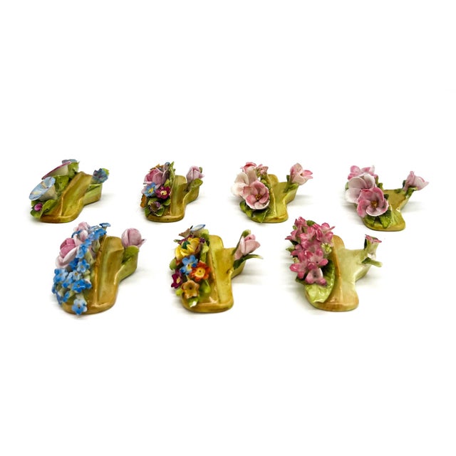 Ceramic Antique European Dresden Hand-Decorated Floral Porcelain Place Card Holders, Set of 7 – Flower, Romantic / Victorian Revival For Sale - Image 7 of 18