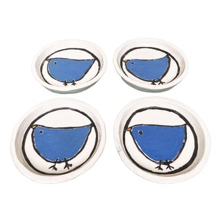 Folk Art Style Handmade White Ceramic Plates with Blue Birds, 1990s, Set of 4 For Sale