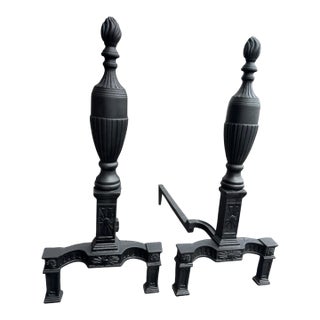 Pair 1920s Cast Iron Fireplace Andirons Neoclassical Urn Finial Firedogs For Sale
