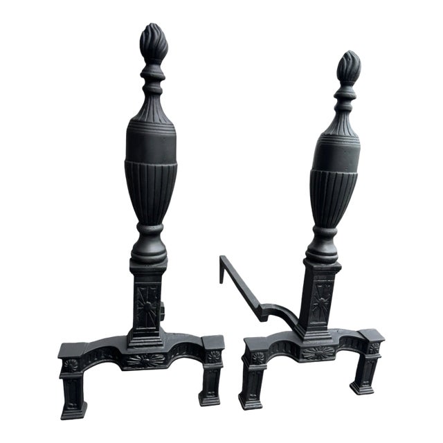 Pair of 1920s Neoclassical Cast Iron Fireplace Andirons With Urn Finials For Sale