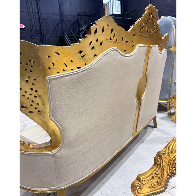 Baroque 1990s Baroque Style Tan Sofa – French Design With Gold Leaf Details For Sale - Image 3 of 10