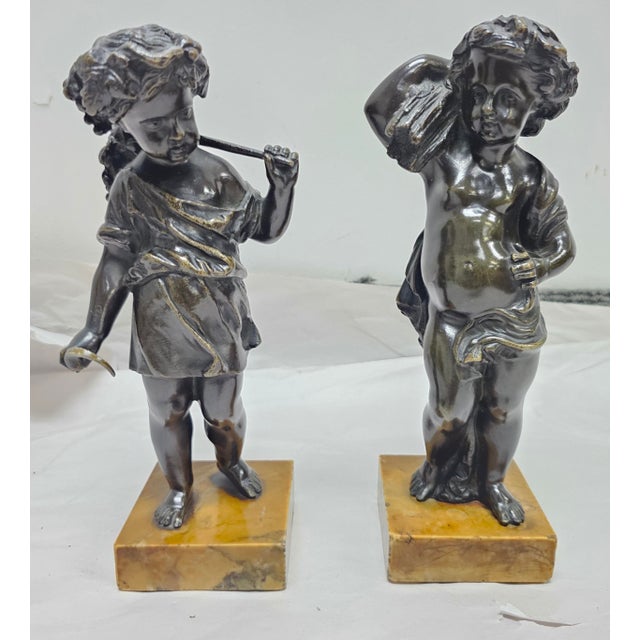 Neoclassical Early 20th Century Pair of Bronze Harvest Putti Cherub Figures on Marble Plinth. For Sale - Image 3 of 8
