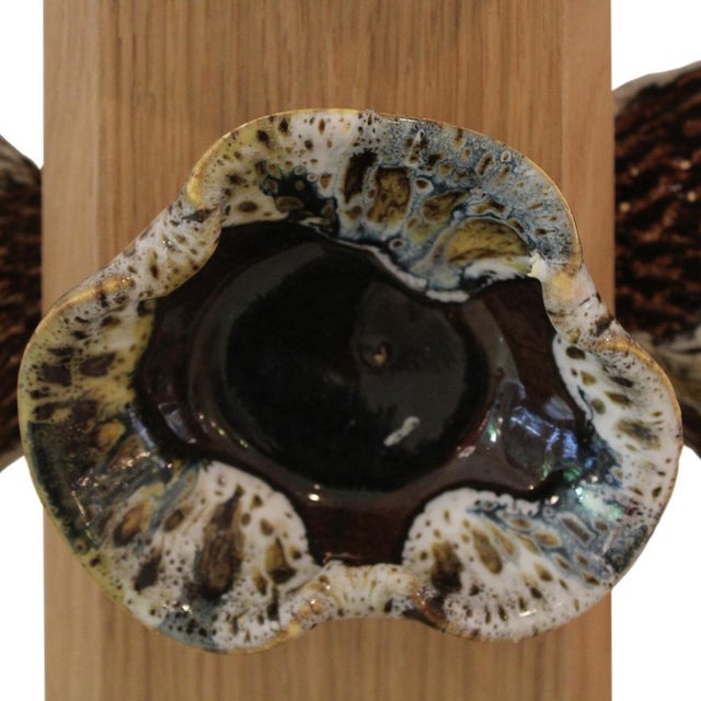 Blue German Ceramic Flower and Oak Table Lamps, Germany, 2010s, Set of 2 For Sale - Image 8 of 11