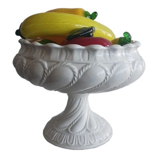 Mid-Century Italian Handblown Art Glass Fruit & Vintage Ceramic Pedestal Compote Centerpiece Set - 7 Pieces For Sale