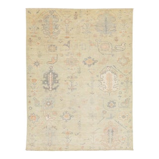 9x12 Modern Oushak Style Hand-Knotted Wool Area Rug – Muted Sage & Terracotta For Sale