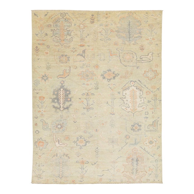 9x12 Modern Oushak Style Hand-Knotted Wool Area Rug – Muted Sage & Terracotta For Sale