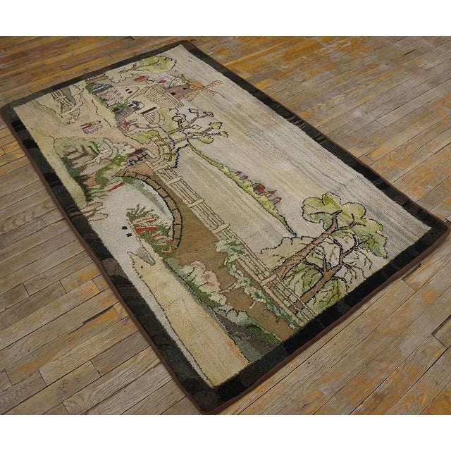 1940s Tan Ecru Dutch Windmill Scenic Pictorial Antique American Hooked Rug 3'2" X 5'6" Wool Carpet For Sale - Image 9 of 9