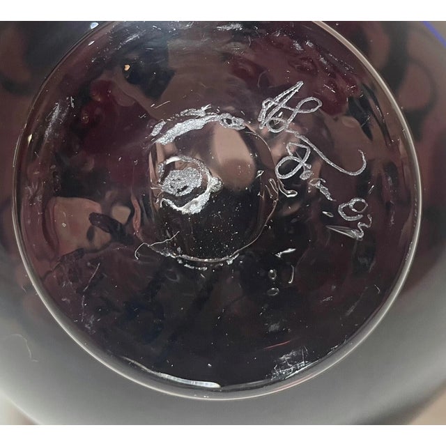 Signed 1983 Vintage Hand Blow Art Studio Glass Blue Purple Decanter Bottle For Sale - Image 11 of 11
