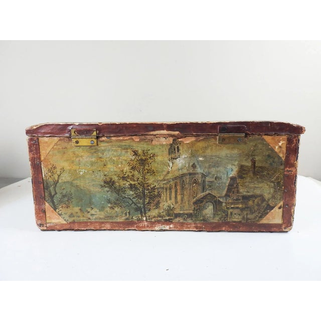 Antique folk art wood box covered in lithographs. Nailed on embelishments, bottom drawer with 2 brass ring pulls, top has...