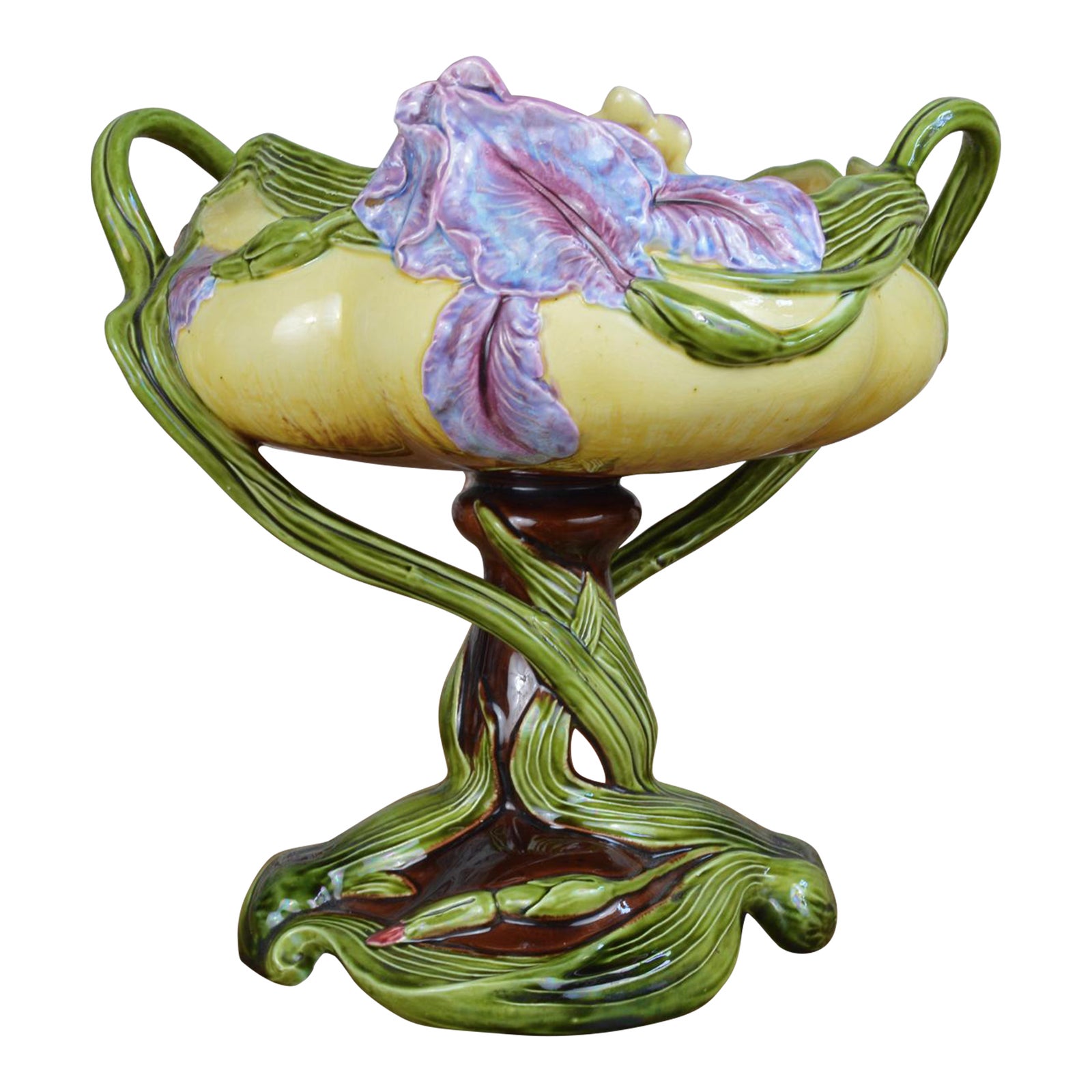 Julius Dressler Art Nouveau Majolica Iris Compote Bowl Chairish