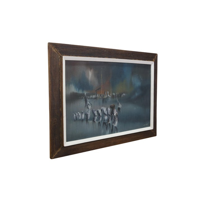 Mid-Century Modern Mid 20th Century Charles Obas Rainy Haitian Village Scene Sailboats Figures Oil Painting 29" For Sale - Image 3 of 10