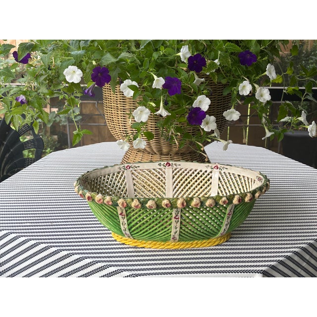 Hand-painted Italian majolica centerpiece bowl featuring elaborate open lattice basketweave design rendered in vibrant...