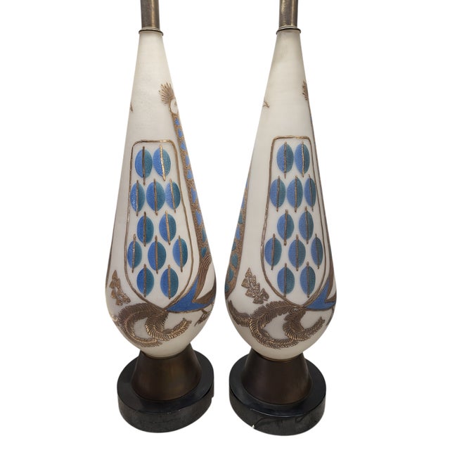 Pair of 1960s Gilded Peacock Glass Table Lamps For Sale - Image 4 of 5