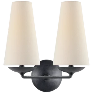 AERIN for Visual Comfort Signature Fontaine Double Sconce in Aged Iron with Linen Shades