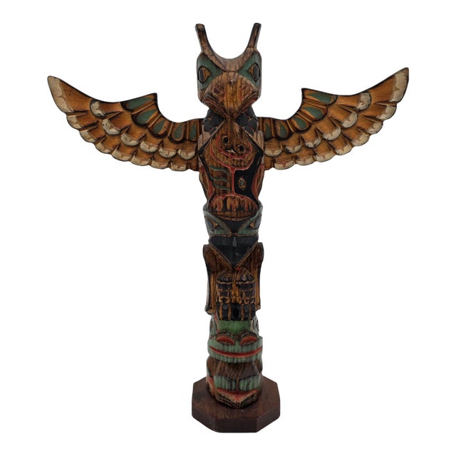 Vintage Signed Ray Moore Mini Table Top Wooden Carved Totem Pole For Sale