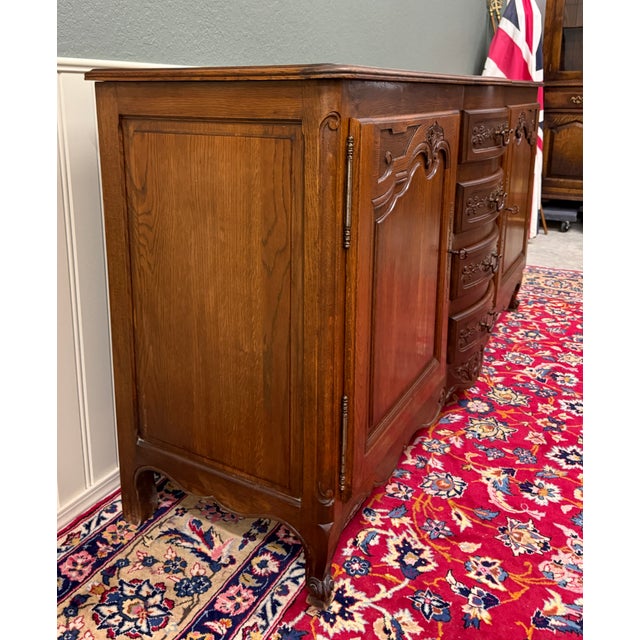 Antique French Louis XV Bow Front Buffet Sideboard Server Carved Oak C. 1930s For Sale - Image 9 of 18