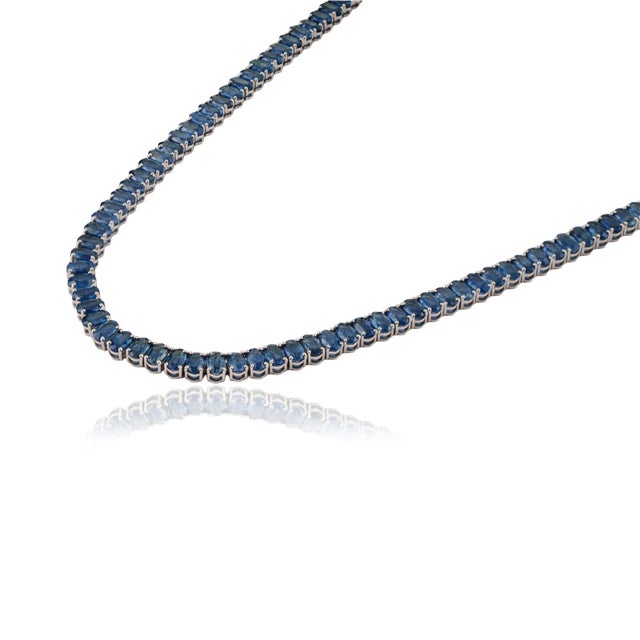 Modern Luxe 34.91ct Blue Sapphire Tennis Necklace in 14k White Gold- 16 Inches For Sale In New York - Image 6 of 15