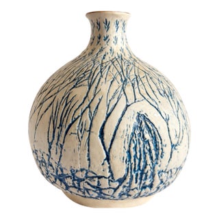 Vintage Studio Pottery Vase – Hand-Carved Blue & White Glaze – Organic Modern Ceramic Vessel For Sale