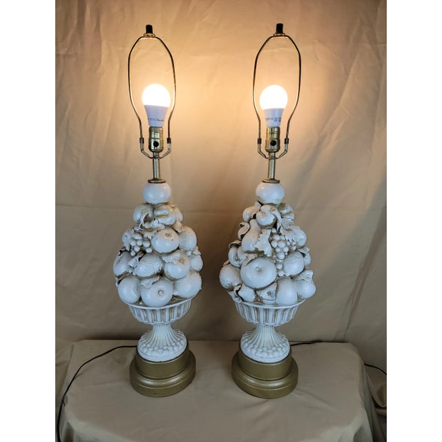 Ceramic Italian Blanc De Chine Fruit Lamps Pair, 1960s For Sale - Image 7 of 9
