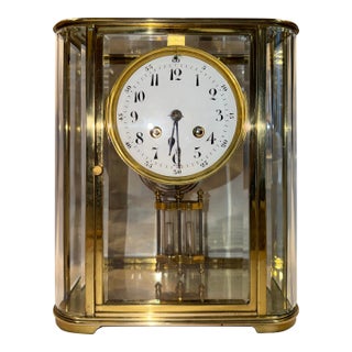 Antique French Art Deco Crystal Regulator Mantel Clock With Curved Glass For Sale