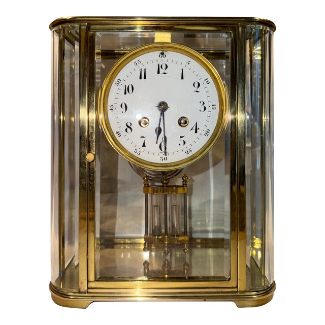 Antique French Art Deco Crystal Regulator Mantel Clock With Curved Glass For Sale