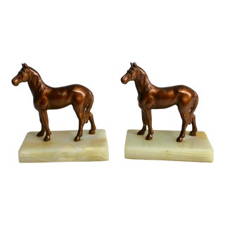 Pair of Vintage Metal Horse Bookends on Marble Bases For Sale