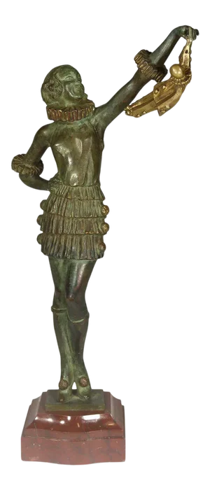 1930s Art Deco Bronze Harlequin Pierrot and Pierette Sculpture Signed by Famed Artist Pierre Laurel