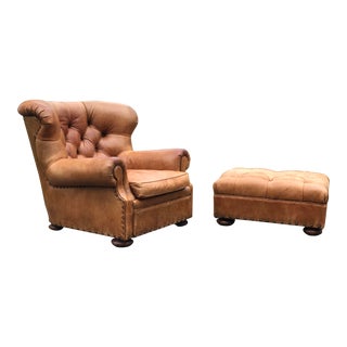 Ralph Lauren Distressed Camel Leather Writer's Chair & Ottoman For Sale