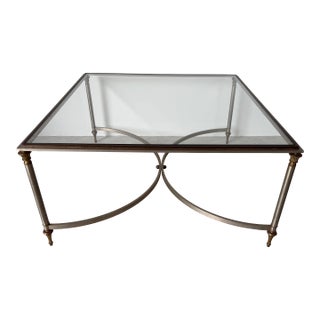 Vintage Italian Hollywood Regency Maison Jansen-Style Steel & Brass Coffee Table With Glass Top For Sale