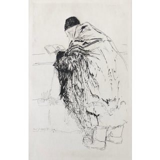 Paul Jeffay, Judaica Jewish Shtetl Etching Hasidic Rabbi in Prayer Vintage Chassidic Print, c.1950's For Sale