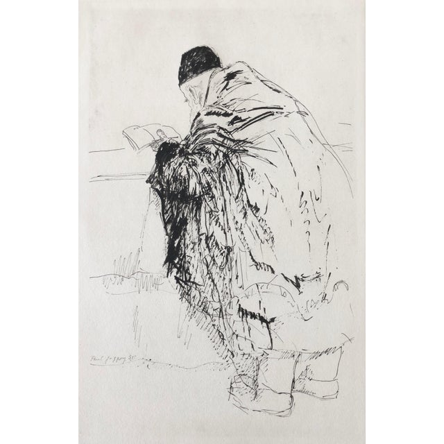 Paul Jeffay, Judaica Jewish Shtetl Etching Hasidic Rabbi in Prayer Vintage Chassidic Print, c.1950's For Sale