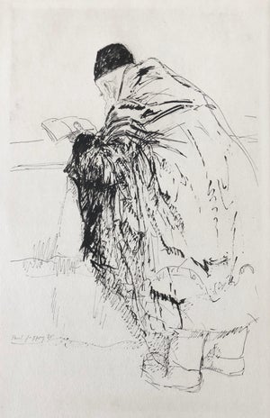 Paul Jeffay, Judaica Jewish Shtetl Etching Hasidic Rabbi in Prayer Vintage Chassidic Print, c.1950's