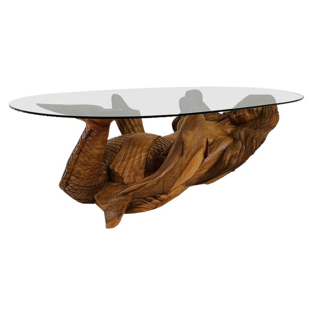 Wooden Mermaid Coffee Table with Glass Top For Sale