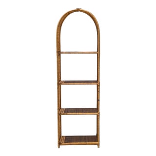 Vintage 1970s Arched Rattan & Cane Étagère, Four-Tier Shelf For Sale