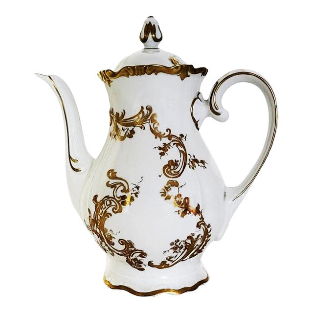 Mid Century Modern Reichenbach German Porcelain Gilded Rococo Revival Coffee Pot - Made in GDR For Sale