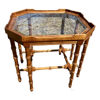 Lane Furniture Accent Table Maple Wood Octagon Beveled Glass Top Faux Bamboo For Sale