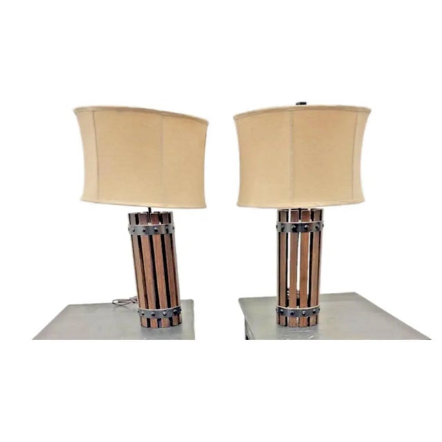 60s Table Lamps Pair Mid Century McM Rustic Slats Drum Shades Linen Set of 2 Vintage Brutalist For Sale - Image 12 of 12