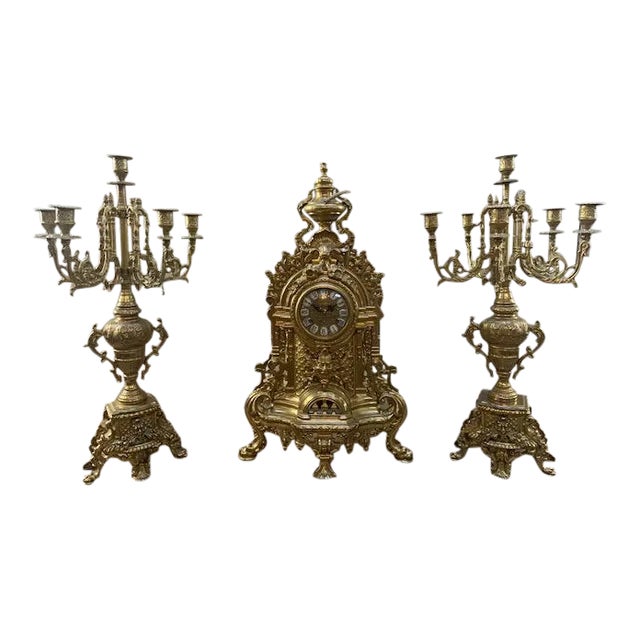 Antique French Rococo Revival Bronze Garniture Clock Set With Candelabras For Sale
