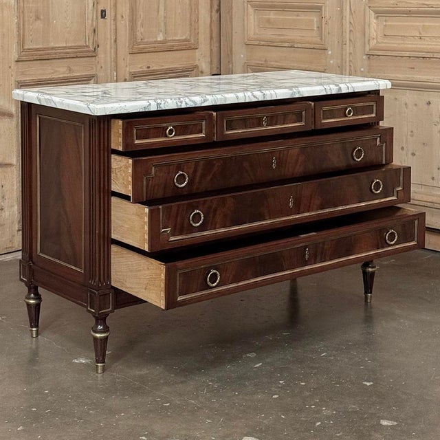 French Mahogany Louis XVI Style Commode With Carrara Marble Top For Sale - Image 15 of 18