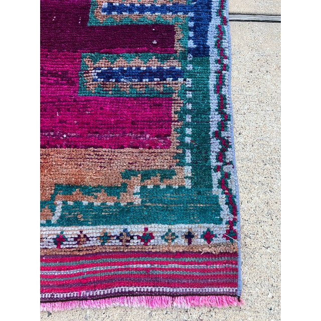 Boho Chic Vintage Hot Pink and Teal Color Kurdish Tribal Runner Rug For Sale - Image 3 of 8