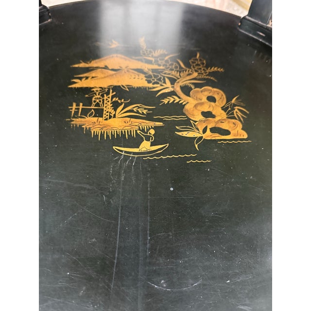 Vintage Chinoiserie Black Lacquer Round Two-Tier Side Table With Glass Top For Sale - Image 4 of 10
