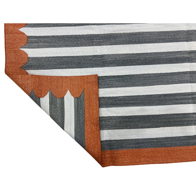 Handmade Cotton Area Rug, Vegetable Dyed, Sky Blue, Gray and Terracotta Striped Dhurrie -8'x12' For Sale - Image 12 of 13