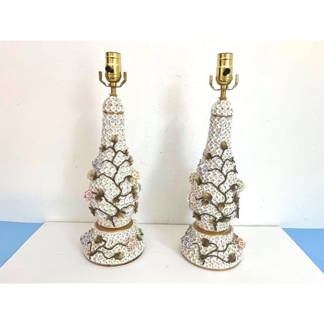 Early 20th Century 1950s Applied Floral Porcelain Tree of Life Lamps, Pair For Sale - Image 5 of 18