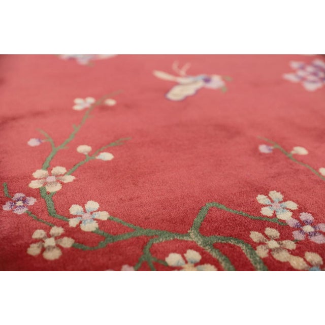 Art Deco 3'x6' Vintage Chinese Art Deco Wool Rug | Rose Floral & Butterfly, Hand-Knotted Rug For Sale - Image 3 of 9