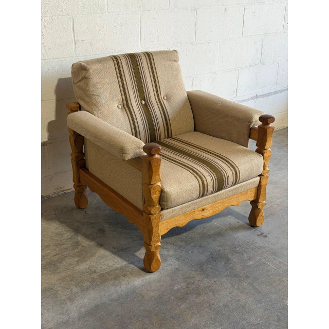Mid-Century Modern In Style of Henning Kjærnulf Oak Lounge Chair With Striped Upholstery Danish Mid-Century Modern 1970s For Sale - Image 3 of 9