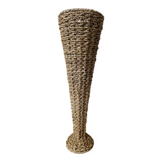 Vintage 19.5” Woven Braided Natural Rattan & Seagrass Vase For Sale