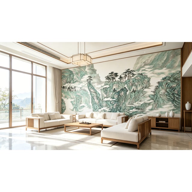 Chinese 36" * H100"/Panel* 5ps, Chinese Traditional Green Landscape Gongbi Painting Wallpaper, 5 Panels For Sale - Image 3 of 8