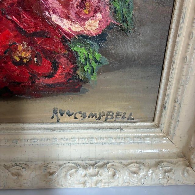 English Vintage Signed Ann Campbell Floral Still Life Oil Painting Red Roses in Ornate Frame For Sale - Image 3 of 10